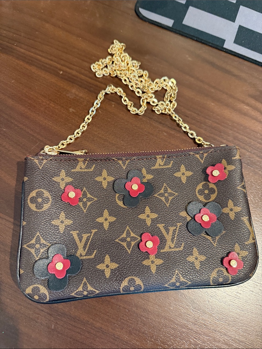 Louis Vuitton Brown Monogram Chain Wristlet with Red & Black Flower Accents